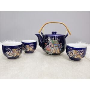 FLOWER WAGON cherry blossom Vintage Japanese Tea Set Pot Cup COBALT‎ BLUE japan